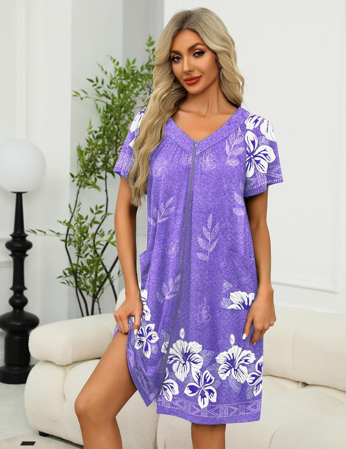 imageEkouaer Women Robe Zipper Front Mumu Duster Robes Zip Up Housecoat Soft Sleepwear with PocketsFloral Lilac