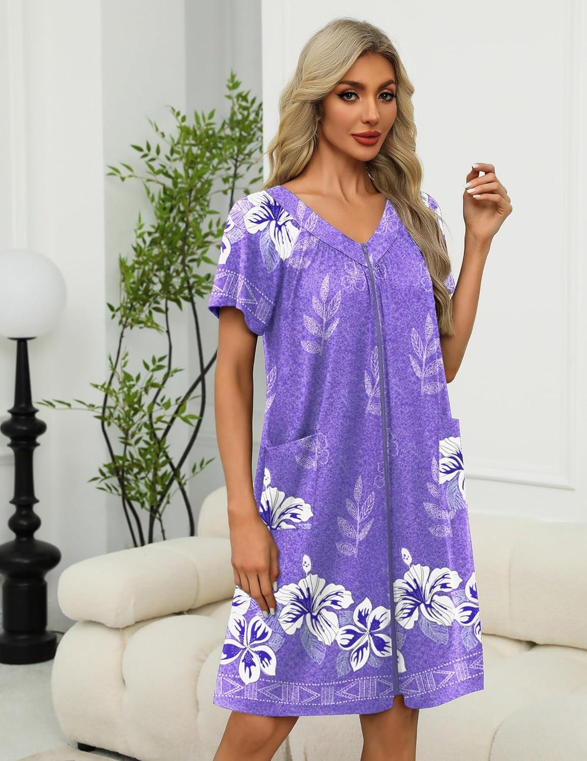 imageEkouaer Women Robe Zipper Front Mumu Duster Robes Zip Up Housecoat Soft Sleepwear with PocketsFloral Lilac