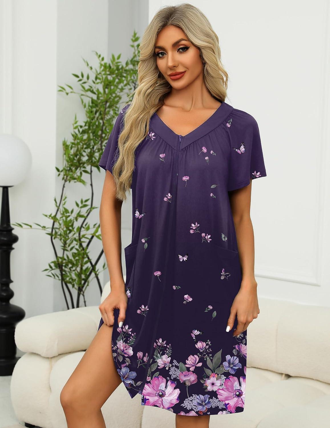 imageEkouaer Women Robe Zipper Front Mumu Duster Robes Zip Up Housecoat Soft Sleepwear with PocketsFloral Purple Black