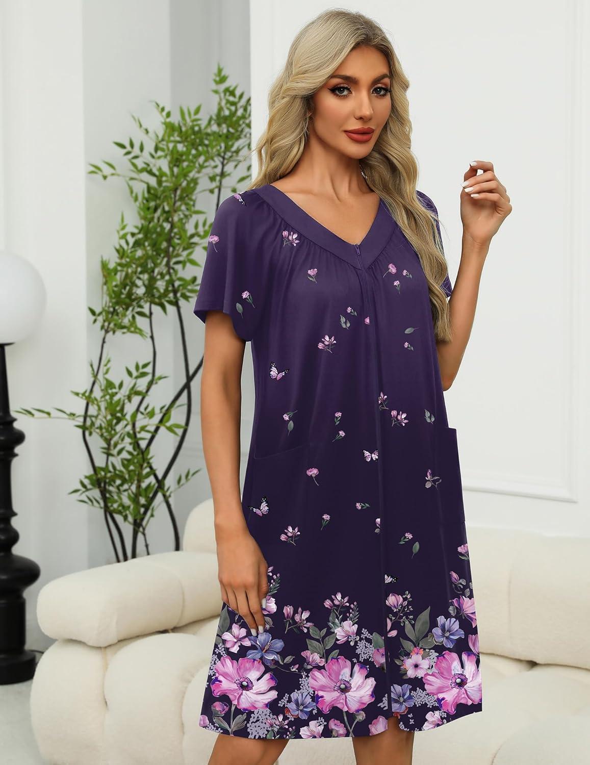 imageEkouaer Women Robe Zipper Front Mumu Duster Robes Zip Up Housecoat Soft Sleepwear with PocketsFloral Purple Black
