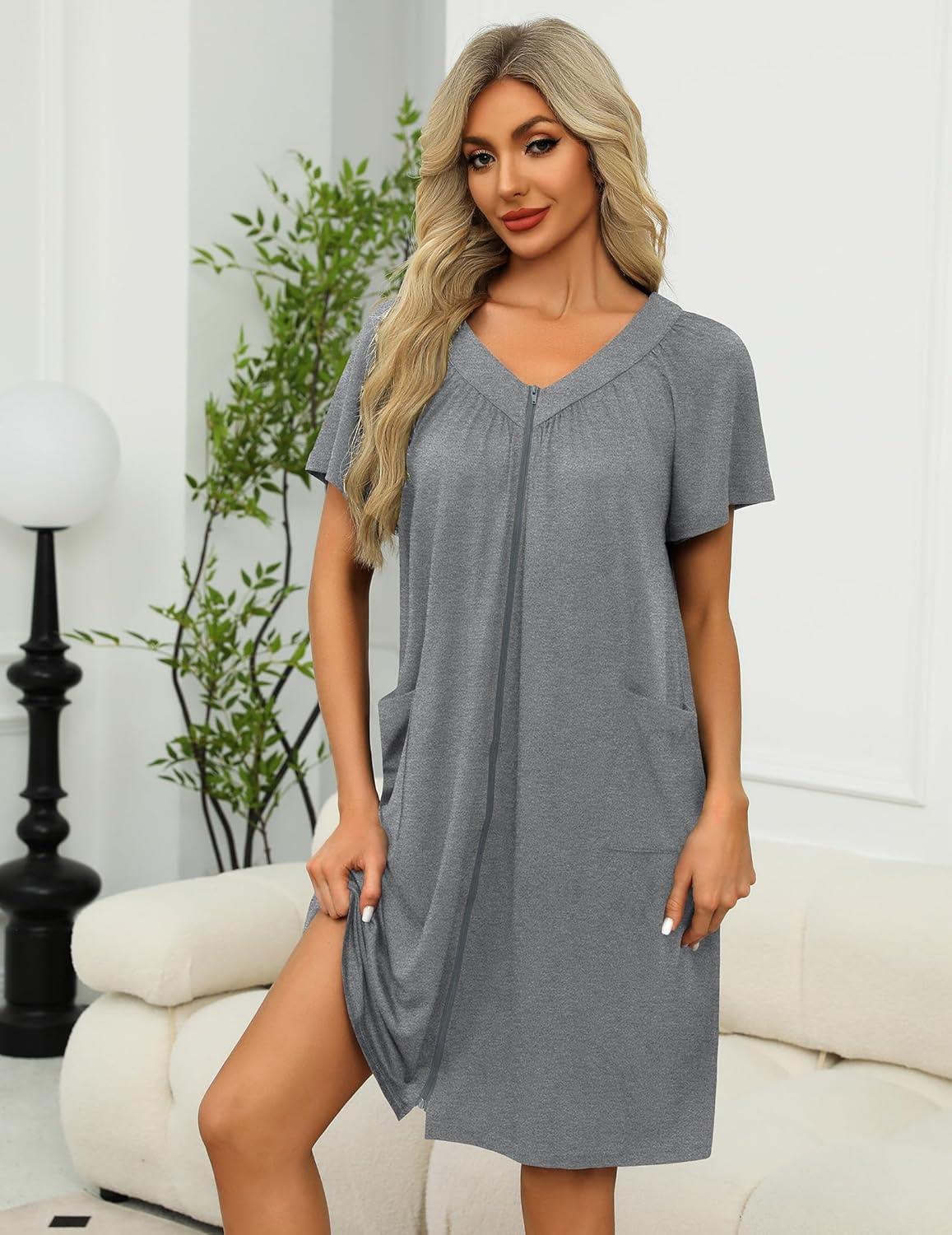 imageEkouaer Women Robe Zipper Front Mumu Duster Robes Zip Up Housecoat Soft Sleepwear with PocketsGrey
