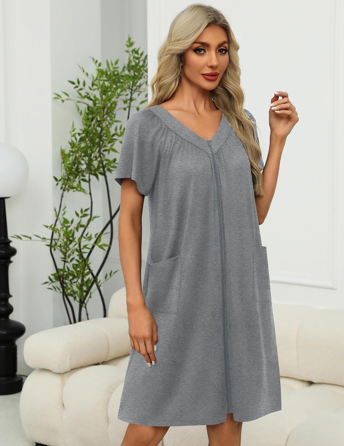 imageEkouaer Women Robe Zipper Front Mumu Duster Robes Zip Up Housecoat Soft Sleepwear with PocketsGrey