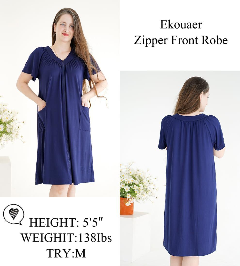 imageEkouaer Women Robe Zipper Front Mumu Duster Robes Zip Up Housecoat Soft Sleepwear with PocketsNavy Blue