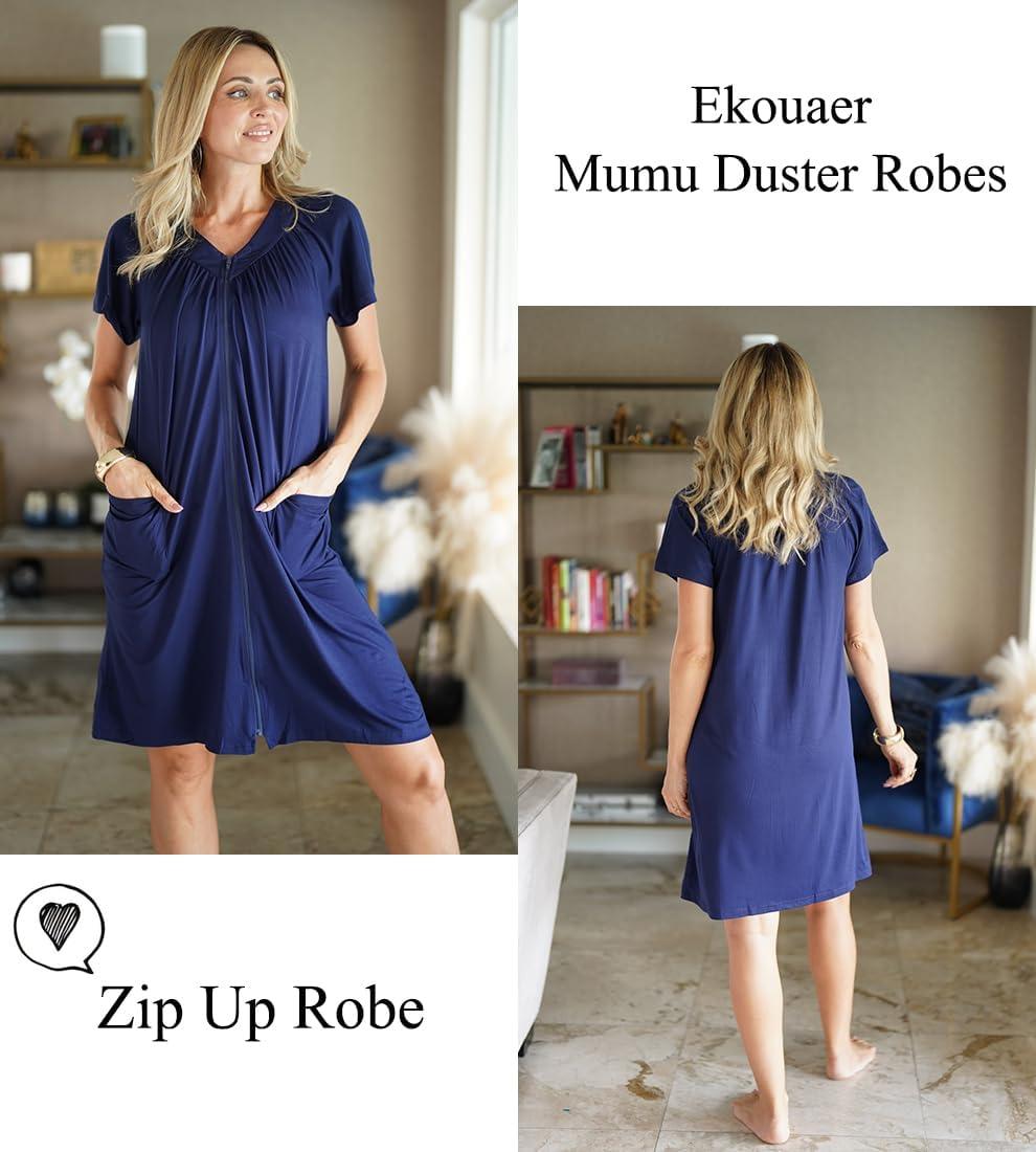 imageEkouaer Women Robe Zipper Front Mumu Duster Robes Zip Up Housecoat Soft Sleepwear with PocketsNavy Blue