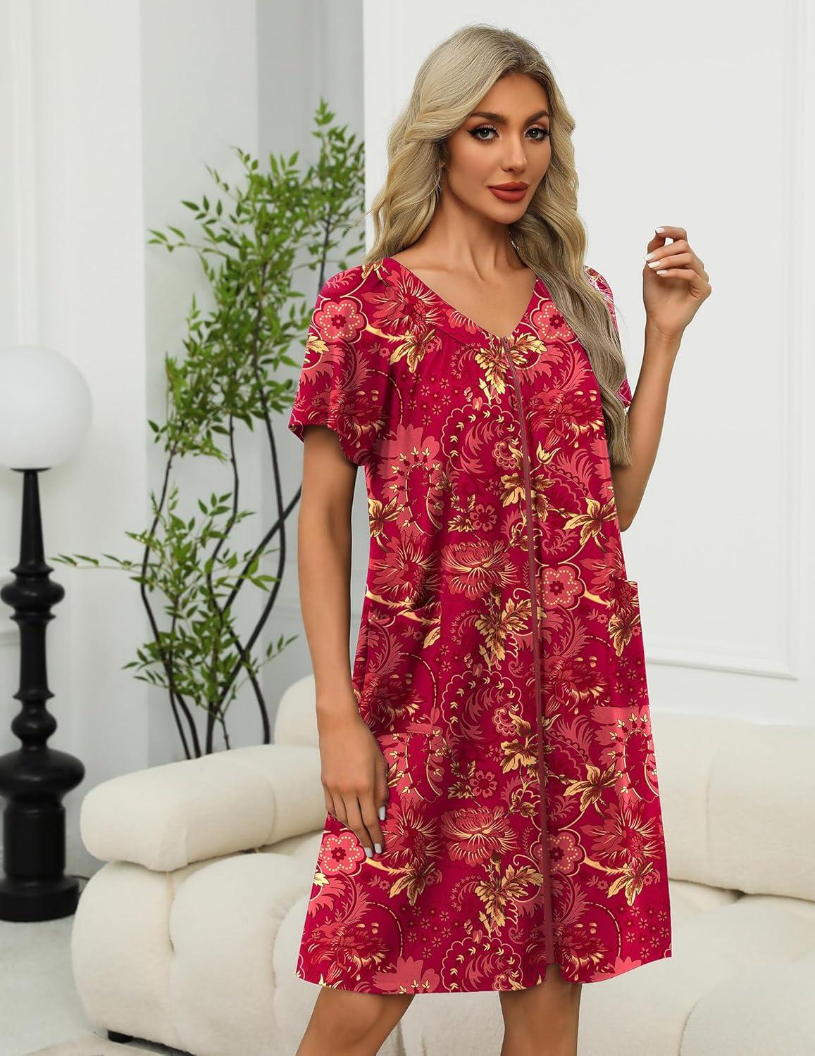 imageEkouaer Women Robe Zipper Front Mumu Duster Robes Zip Up Housecoat Soft Sleepwear with PocketsRed Floral