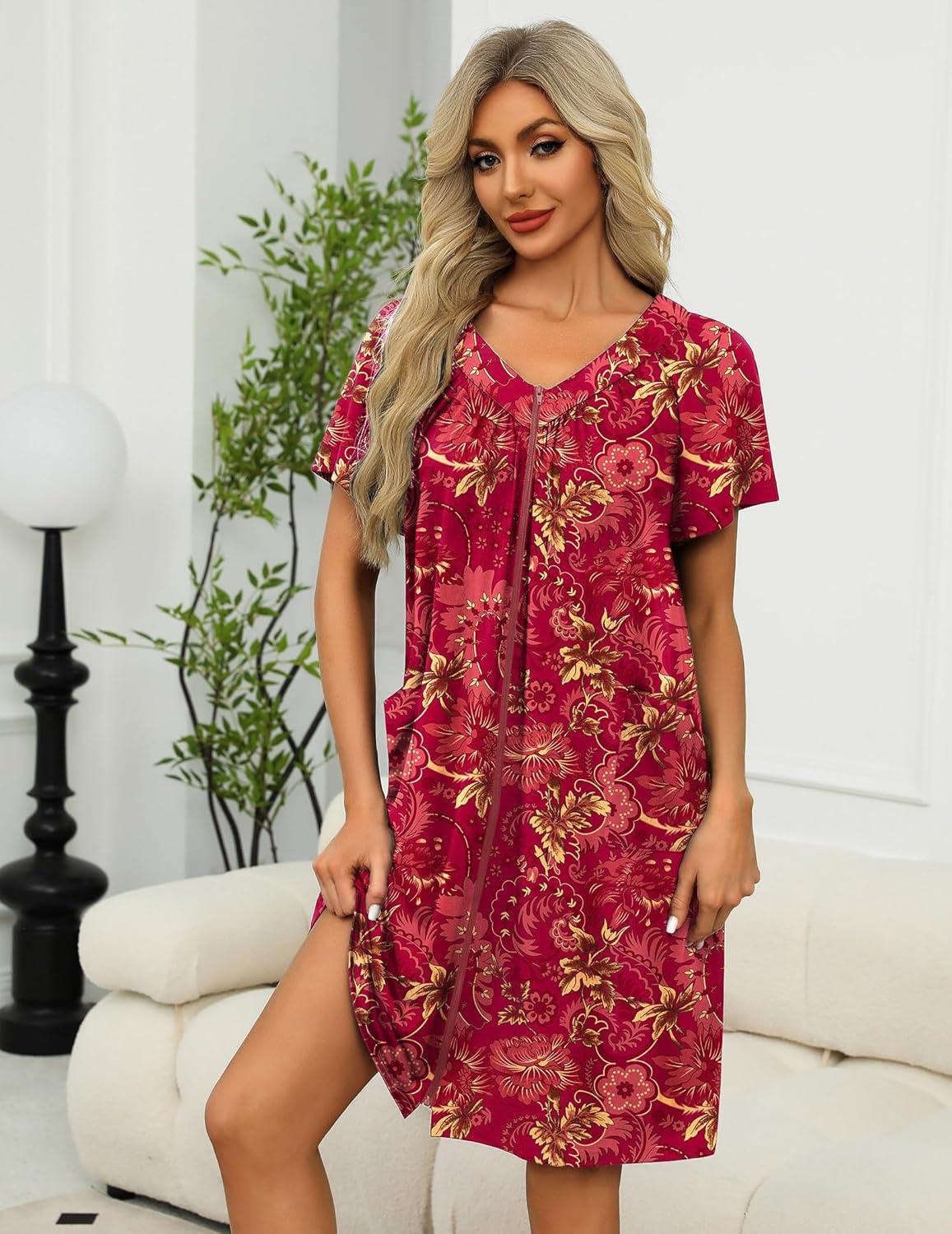 imageEkouaer Women Robe Zipper Front Mumu Duster Robes Zip Up Housecoat Soft Sleepwear with PocketsRed Floral