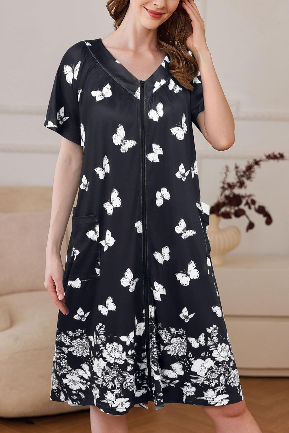 imageEkouaer Women Robe Zipper Front Mumu Duster Robes Zip Up Housecoat Soft Sleepwear with PocketsWhite Butterfly