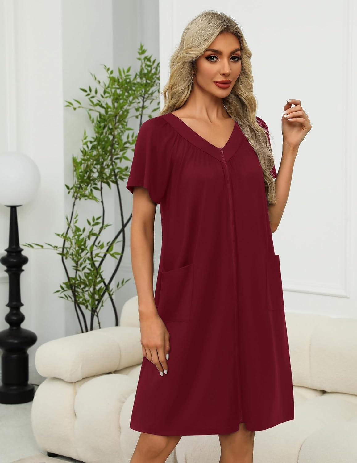 imageEkouaer Women Robe Zipper Front Mumu Duster Robes Zip Up Housecoat Soft Sleepwear with PocketsWine Red