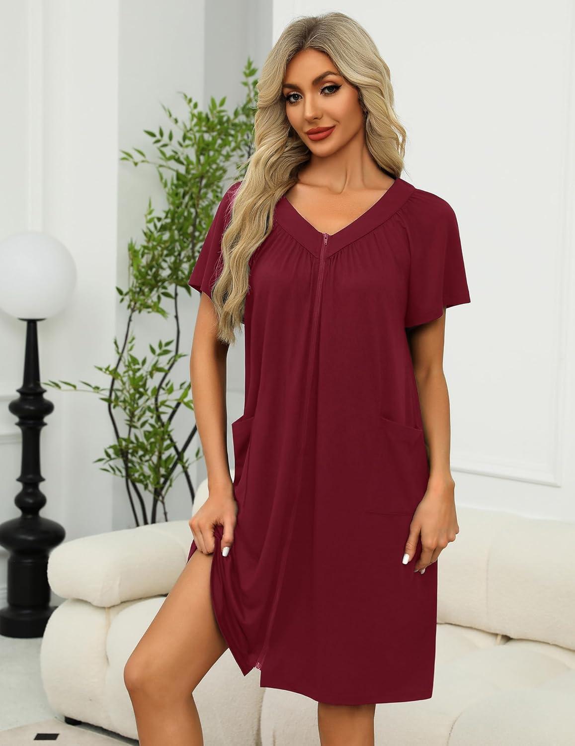 imageEkouaer Women Robe Zipper Front Mumu Duster Robes Zip Up Housecoat Soft Sleepwear with PocketsWine Red