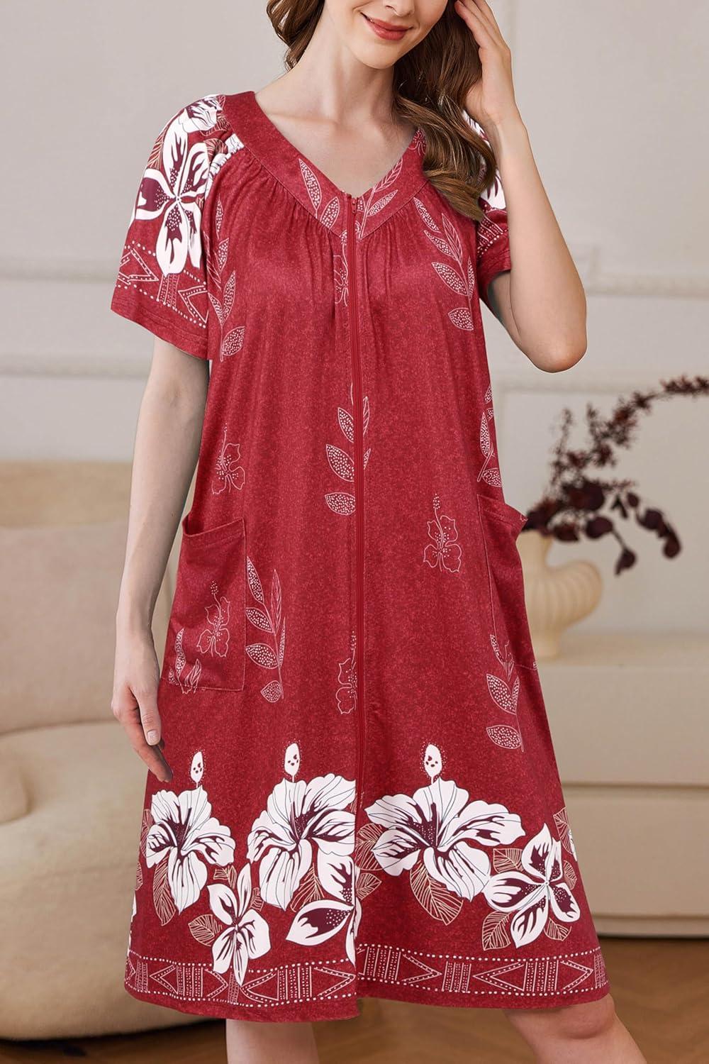 imageEkouaer Women Robe Zipper Front Mumu Duster Robes Zip Up Housecoat Soft Sleepwear with PocketsWine Red Floral
