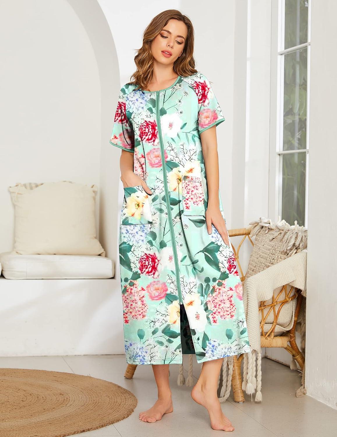 imageEkouaer Women Robes Zipper Front Short Sleeve Full Length Housecoat with Pockets Loungewear S4XLBgreen Flower