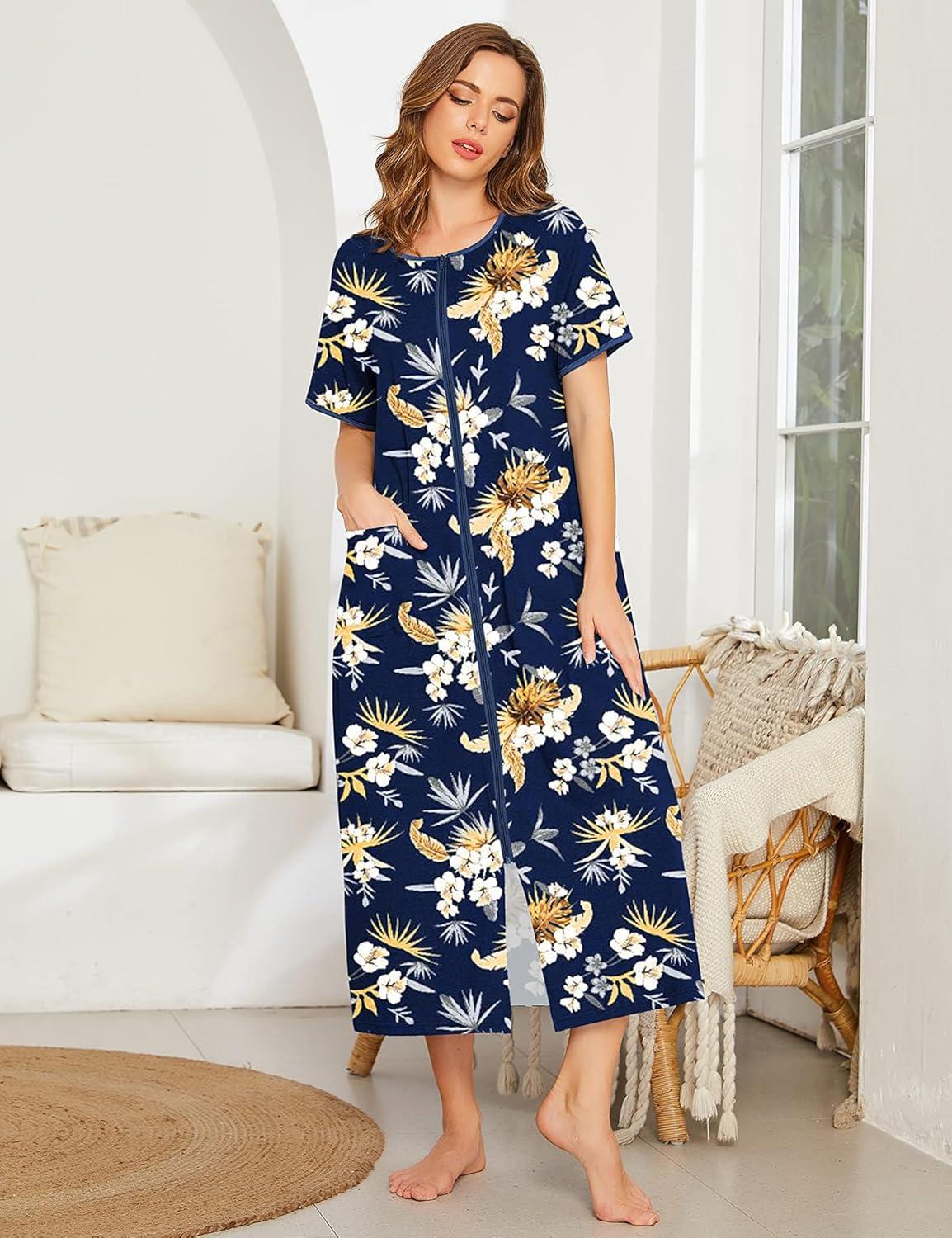 imageEkouaer Women Robes Zipper Front Short Sleeve Full Length Housecoat with Pockets Loungewear S4XLCyellow Flower