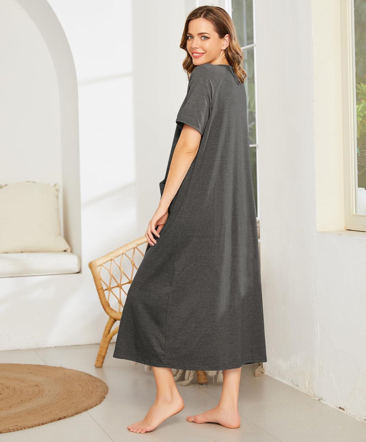 imageEkouaer Women Robes Zipper Front Short Sleeve Full Length Housecoat with Pockets Loungewear S4XLGrey
