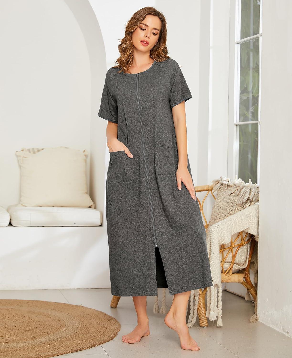 imageEkouaer Women Robes Zipper Front Short Sleeve Full Length Housecoat with Pockets Loungewear S4XLGrey