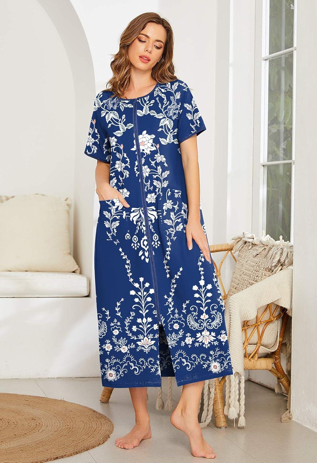 imageEkouaer Women Robes Zipper Front Short Sleeve Full Length Housecoat with Pockets Loungewear S4XLNavy Blue White Flowers