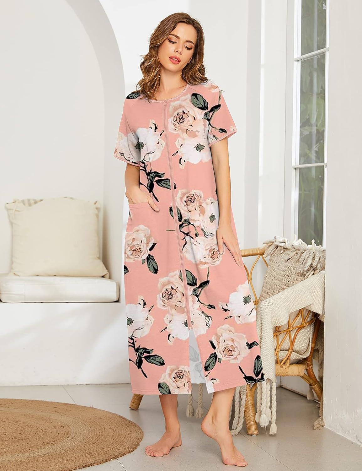 imageEkouaer Women Robes Zipper Front Short Sleeve Full Length Housecoat with Pockets Loungewear S4XLPink Fower