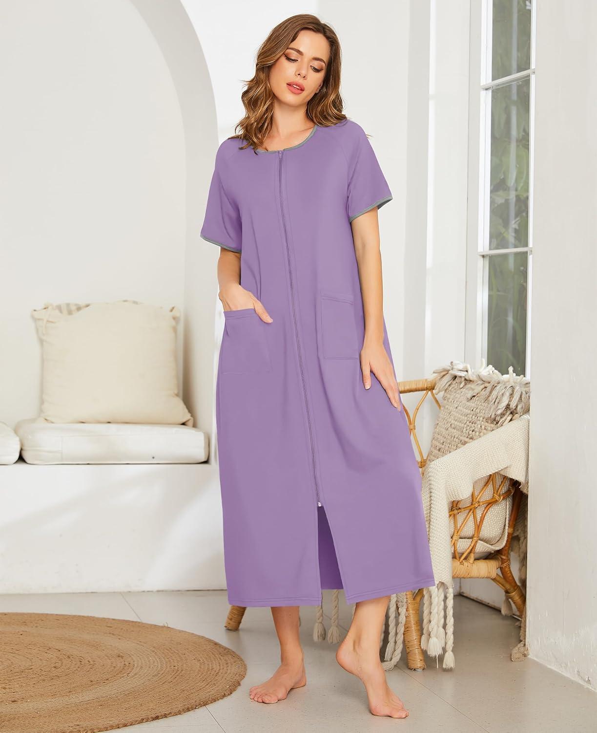 imageEkouaer Women Robes Zipper Front Short Sleeve Full Length Housecoat with Pockets Loungewear S4XLPurple