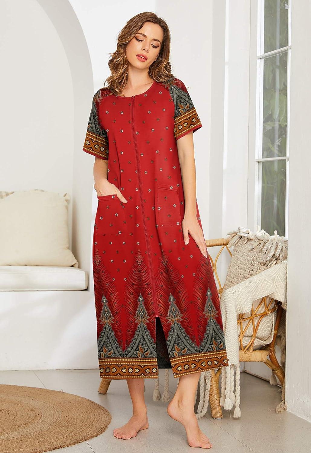 imageEkouaer Women Robes Zipper Front Short Sleeve Full Length Housecoat with Pockets Loungewear S4XLRed Flower