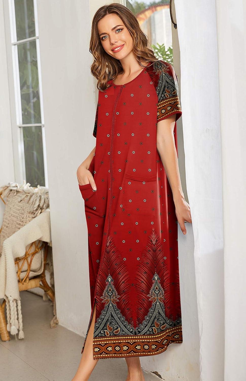 imageEkouaer Women Robes Zipper Front Short Sleeve Full Length Housecoat with Pockets Loungewear S4XLRed Flower