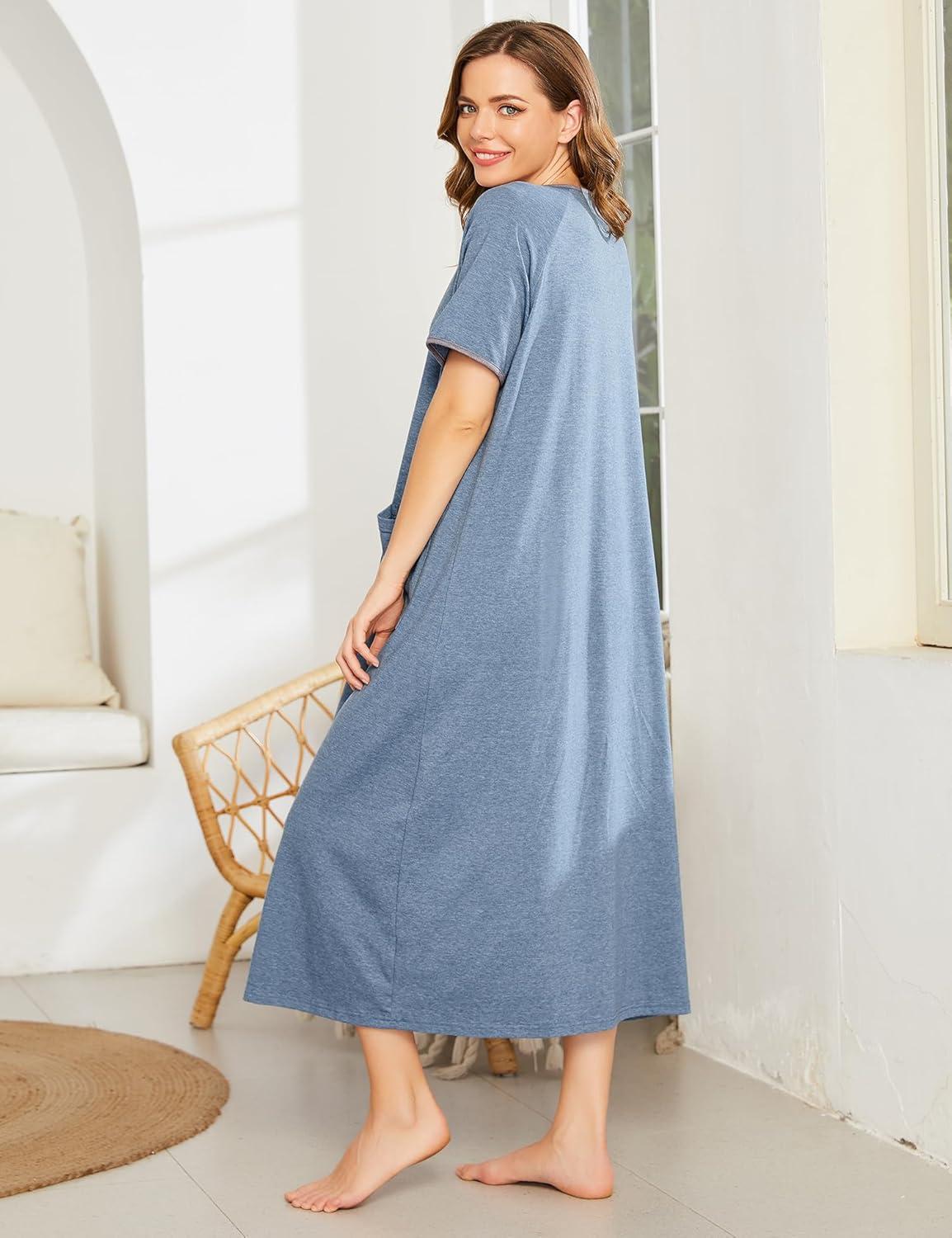 imageEkouaer Women Robes Zipper Front Short Sleeve Full Length Housecoat with Pockets Loungewear S4XLSteel Blue