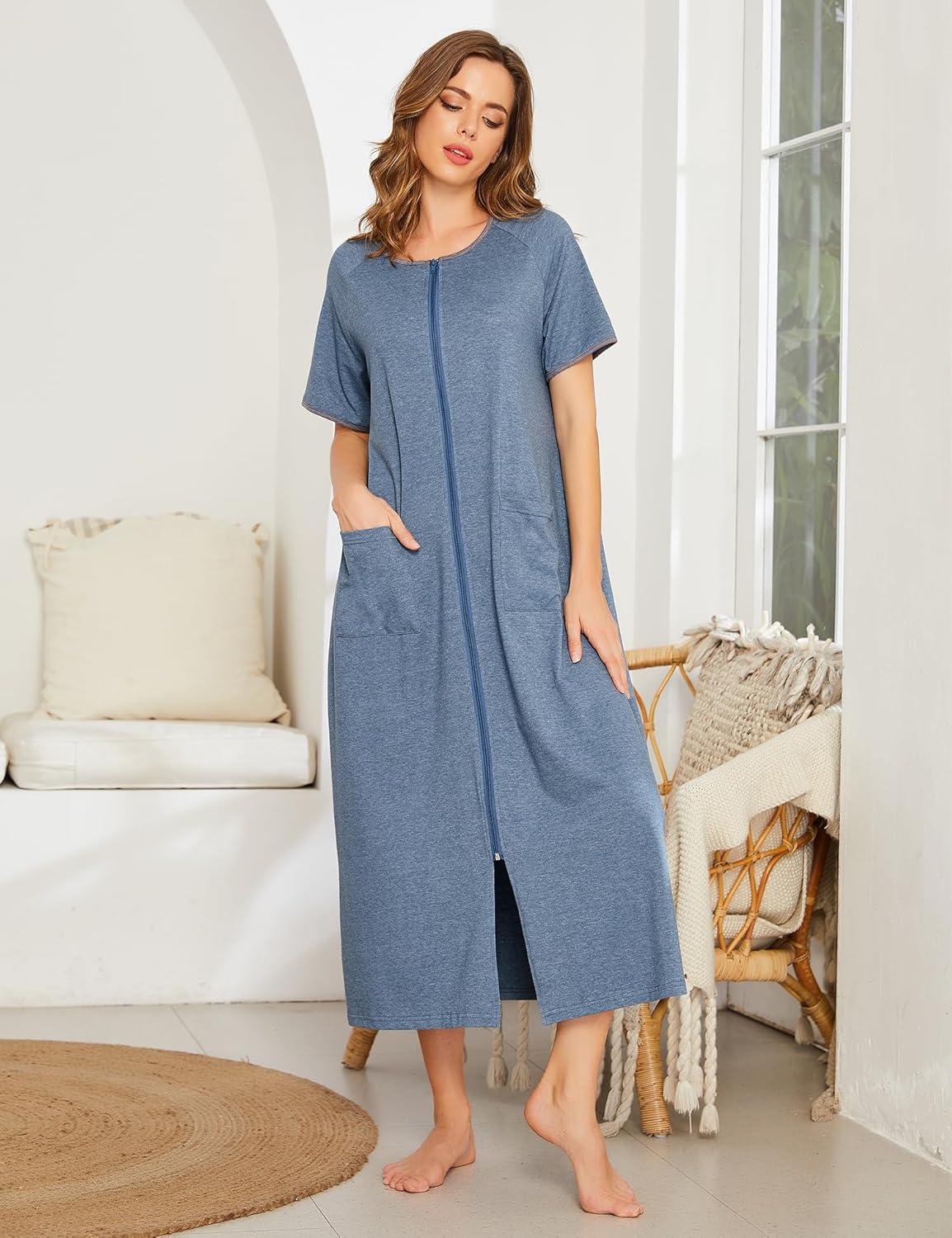 imageEkouaer Women Robes Zipper Front Short Sleeve Full Length Housecoat with Pockets Loungewear S4XLSteel Blue