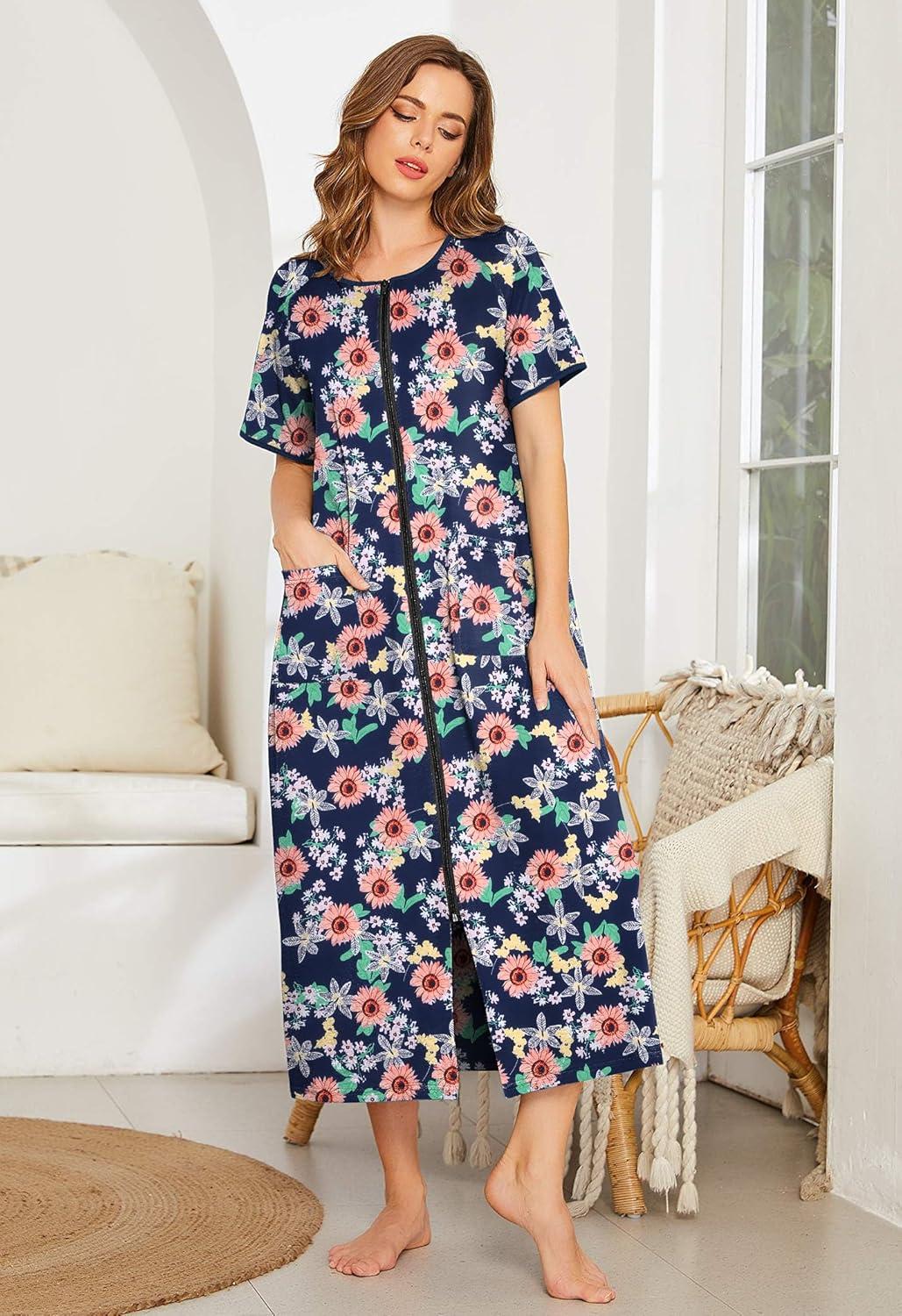 imageEkouaer Women Robes Zipper Front Short Sleeve Full Length Housecoat with Pockets Loungewear S4XLSunflower