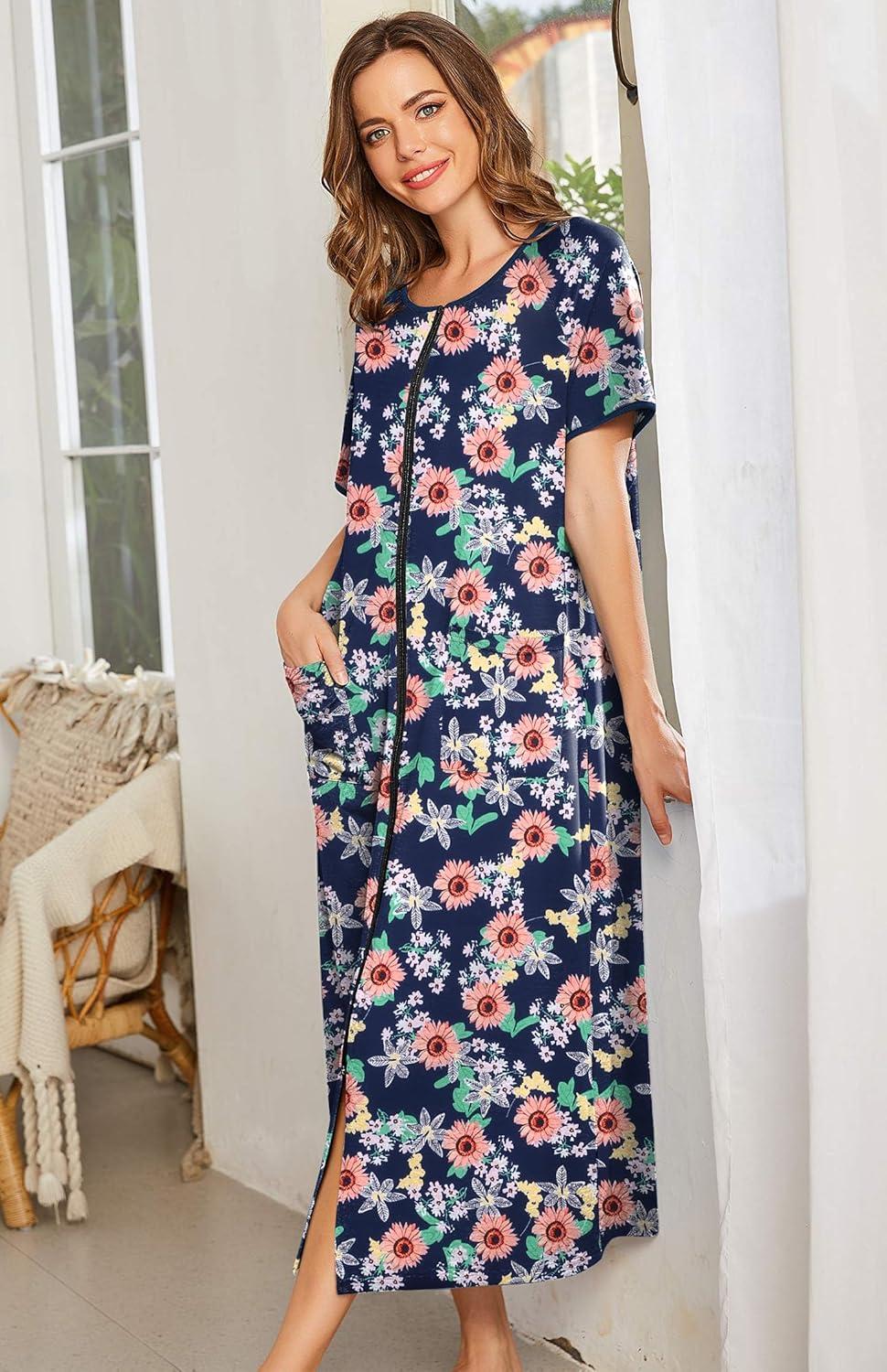 imageEkouaer Women Robes Zipper Front Short Sleeve Full Length Housecoat with Pockets Loungewear S4XLSunflower