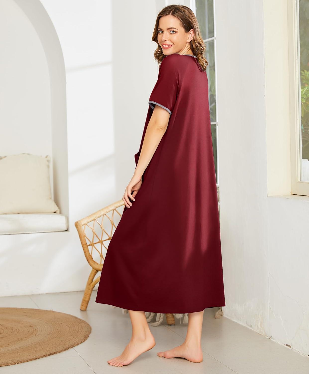 imageEkouaer Women Robes Zipper Front Short Sleeve Full Length Housecoat with Pockets Loungewear S4XLWine Red