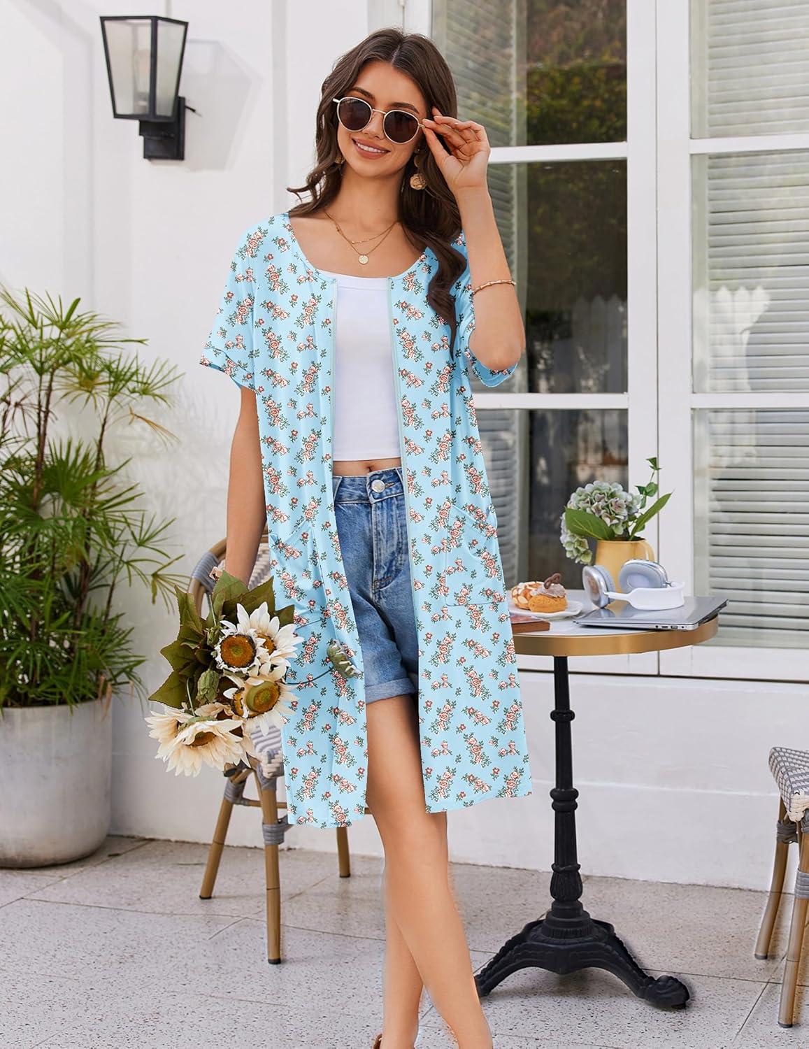 imageEkouaer Women Zip Up Robe Short Bathrobe Lightweight House Coats Floral Print House Dress with Pockets Nightgown S3XLBlue Florals