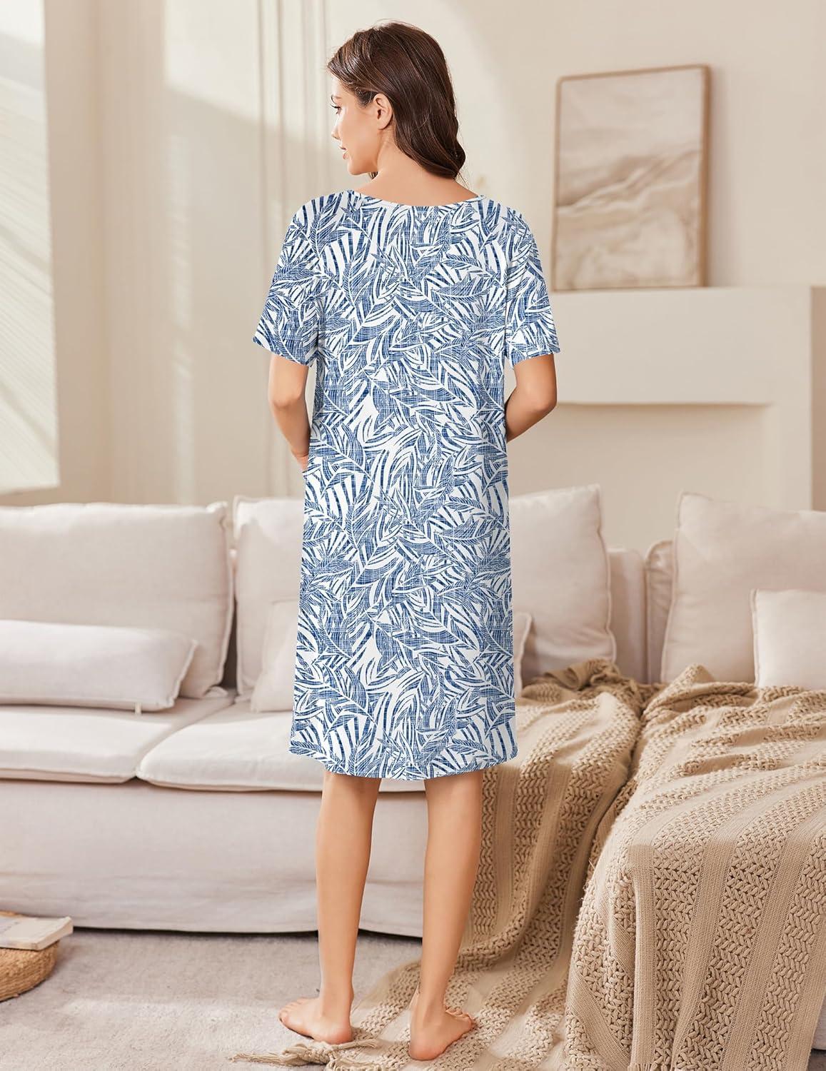 imageEkouaer Women Zip Up Robe Short Bathrobe Lightweight House Coats Floral Print House Dress with Pockets Nightgown S3XLBlue Leaves