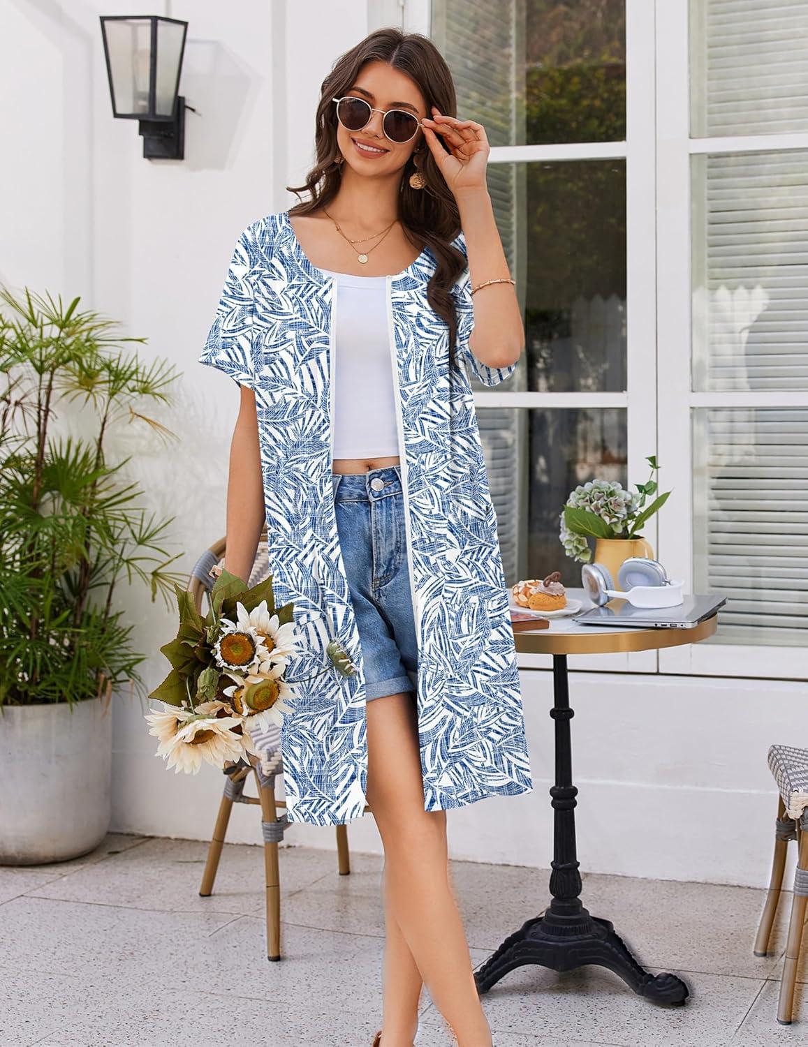 imageEkouaer Women Zip Up Robe Short Bathrobe Lightweight House Coats Floral Print House Dress with Pockets Nightgown S3XLBlue Leaves
