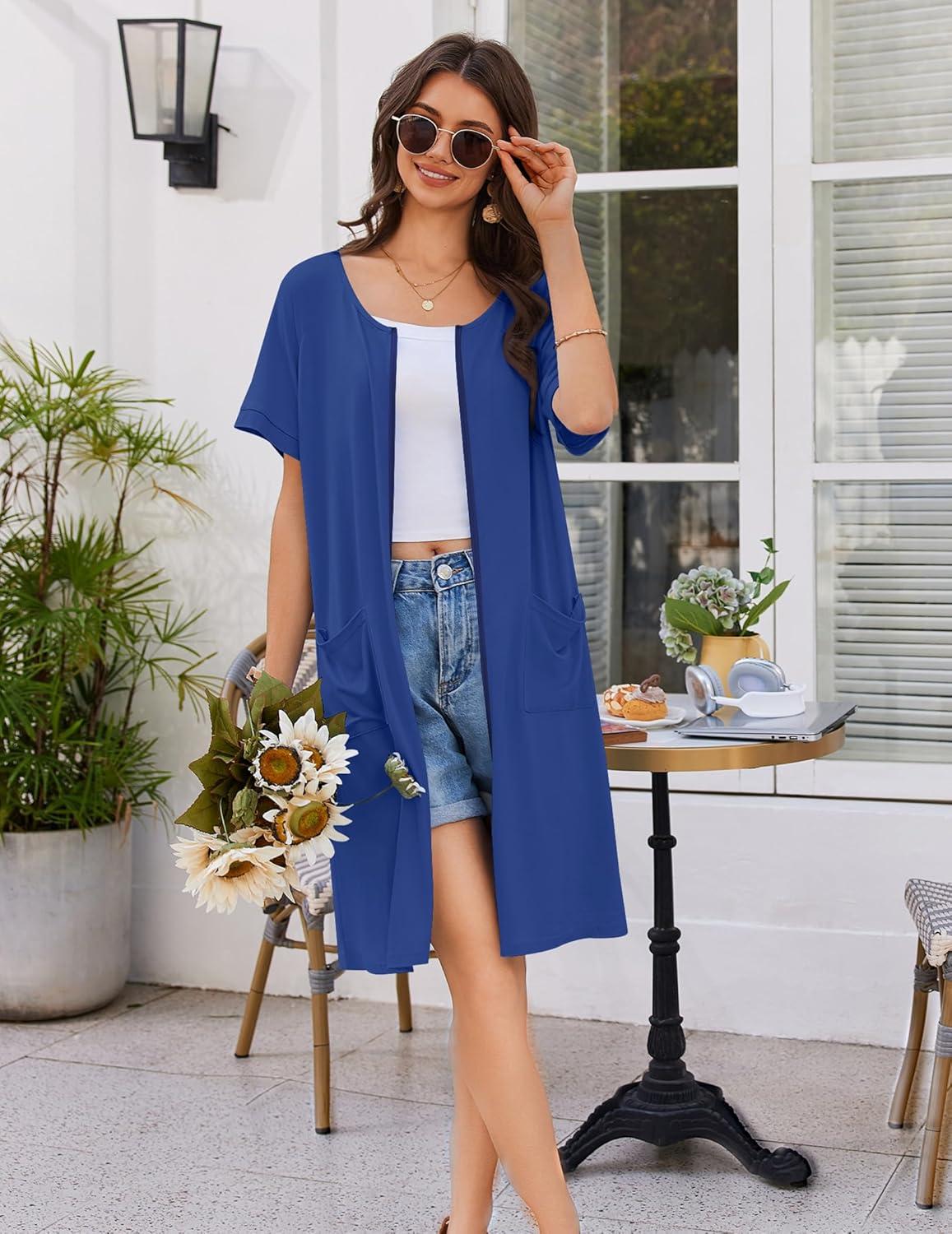imageEkouaer Women Zip Up Robe Short Bathrobe Lightweight House Coats Floral Print House Dress with Pockets Nightgown S3XLDeep Blue