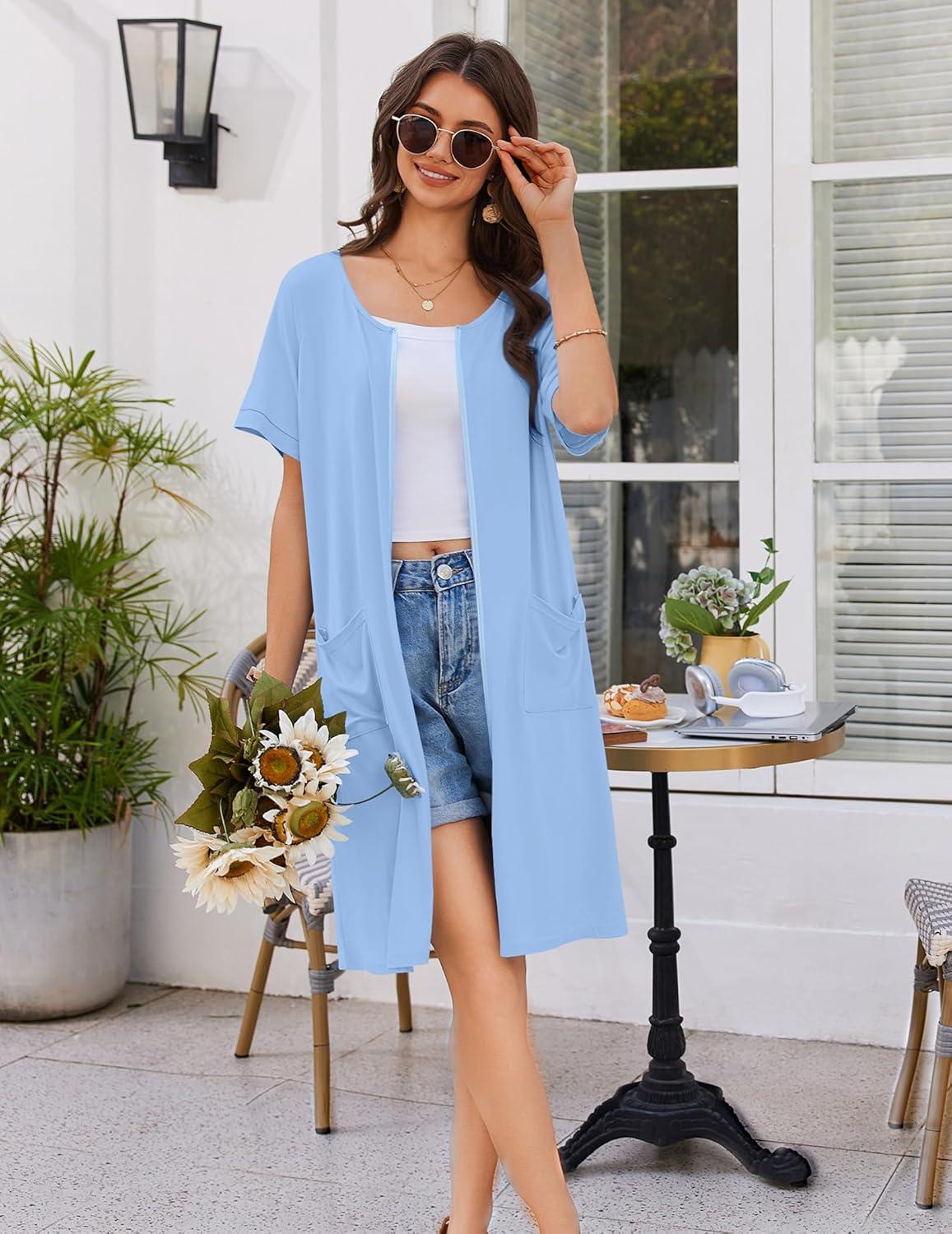 imageEkouaer Women Zip Up Robe Short Bathrobe Lightweight House Coats Floral Print House Dress with Pockets Nightgown S3XLLight Blue