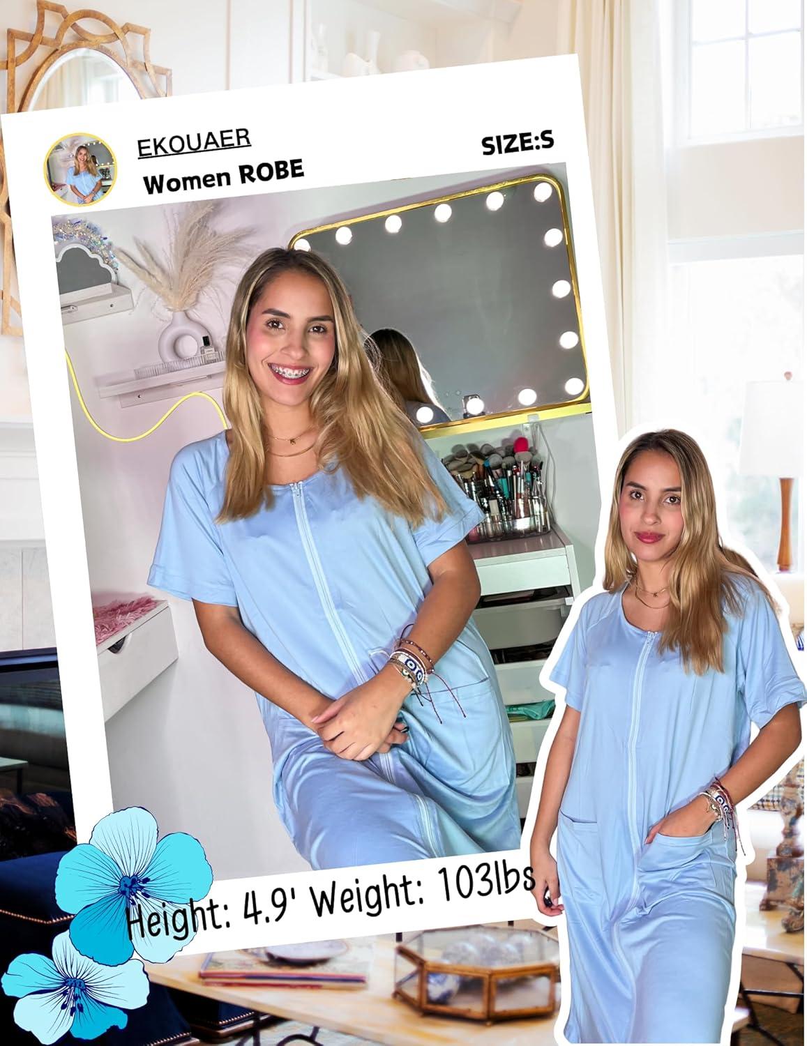 imageEkouaer Women Zip Up Robe Short Bathrobe Lightweight House Coats Floral Print House Dress with Pockets Nightgown S3XLLight Blue