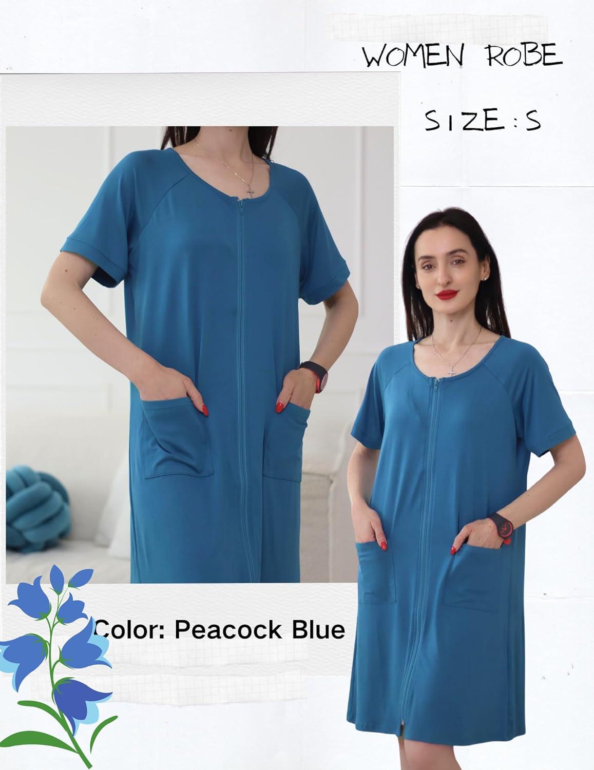 imageEkouaer Women Zip Up Robe Short Bathrobe Lightweight House Coats Floral Print House Dress with Pockets Nightgown S3XLPeacock Blue