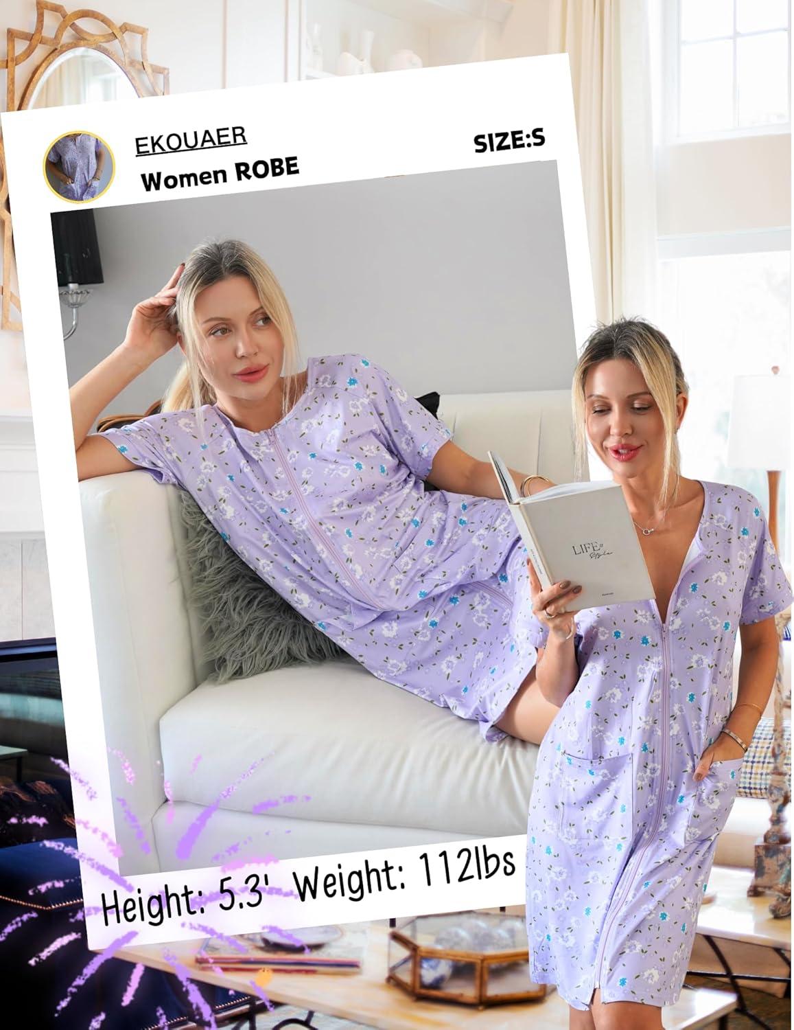imageEkouaer Women Zip Up Robe Short Bathrobe Lightweight House Coats Floral Print House Dress with Pockets Nightgown S3XLPurple Floral