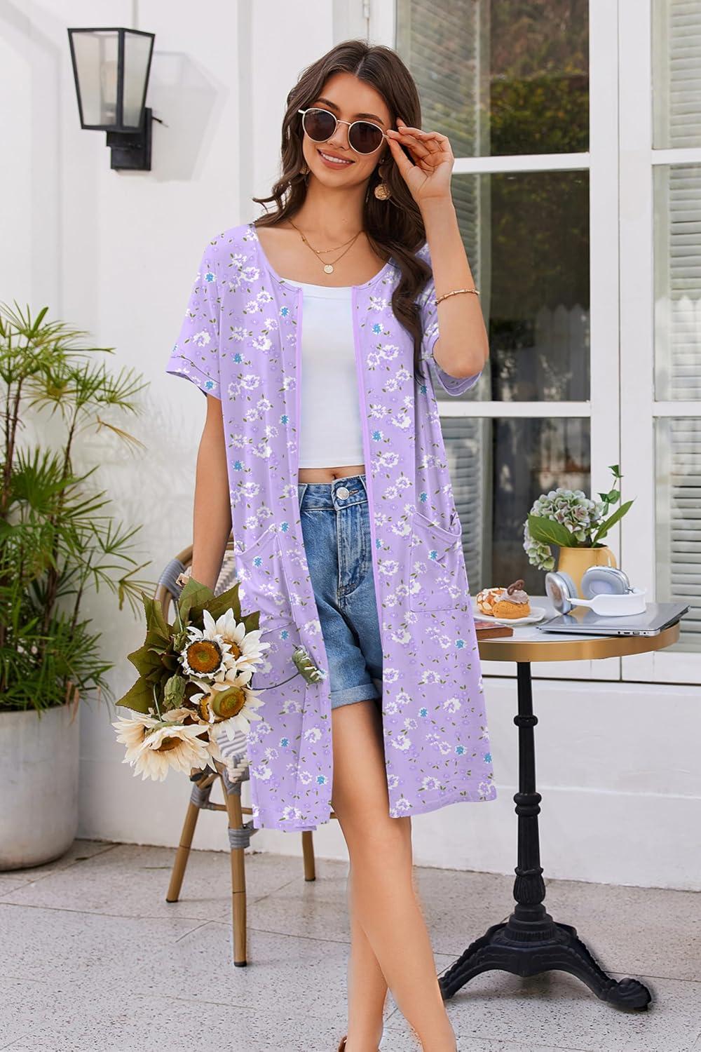 imageEkouaer Women Zip Up Robe Short Bathrobe Lightweight House Coats Floral Print House Dress with Pockets Nightgown S3XLPurple Floral