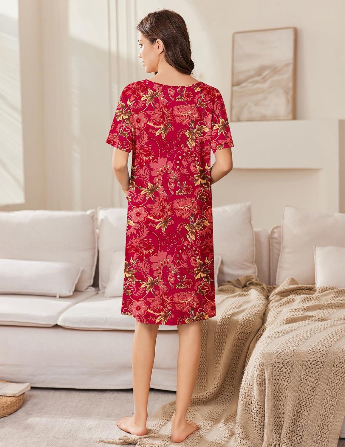 imageEkouaer Women Zip Up Robe Short Bathrobe Lightweight House Coats Floral Print House Dress with Pockets Nightgown S3XLRed Floral