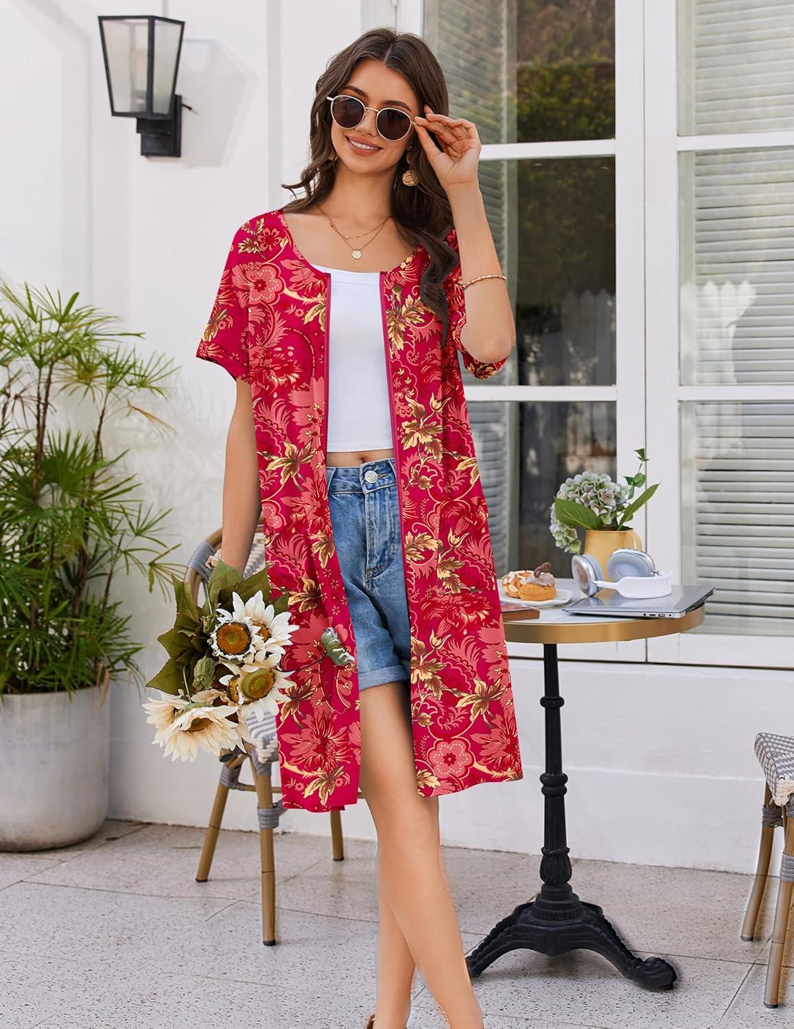 imageEkouaer Women Zip Up Robe Short Bathrobe Lightweight House Coats Floral Print House Dress with Pockets Nightgown S3XLRed Floral
