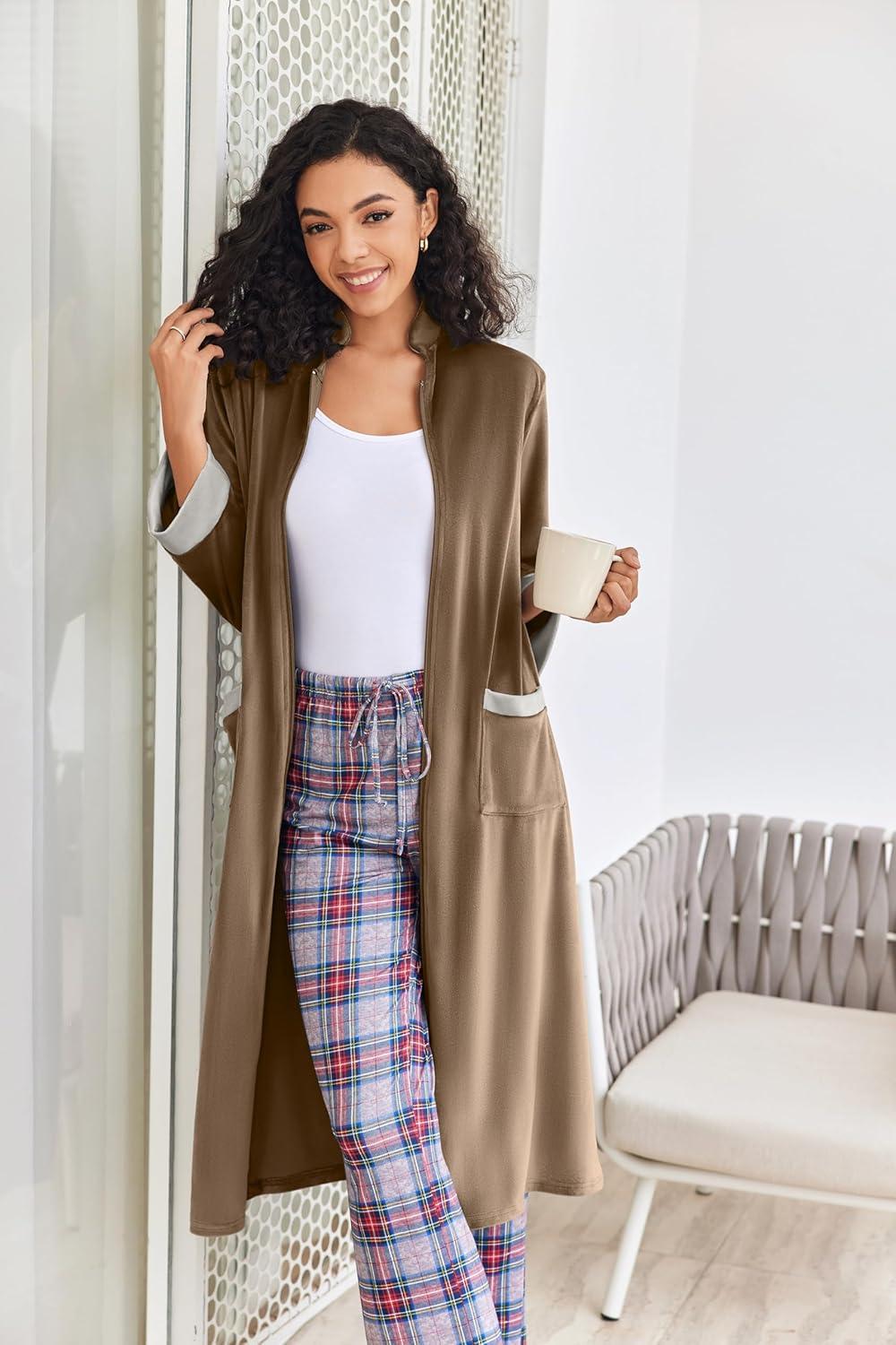 imageEkouaer Women Zipper Robe Long Sleeve House Coats Velour Robes Soft Bathrobe with Pockets Nightgown S3XLBrown