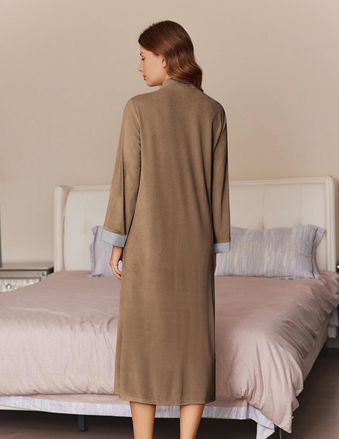 imageEkouaer Women Zipper Robe Long Sleeve House Coats Velour Robes Soft Bathrobe with Pockets Nightgown S3XLBrown