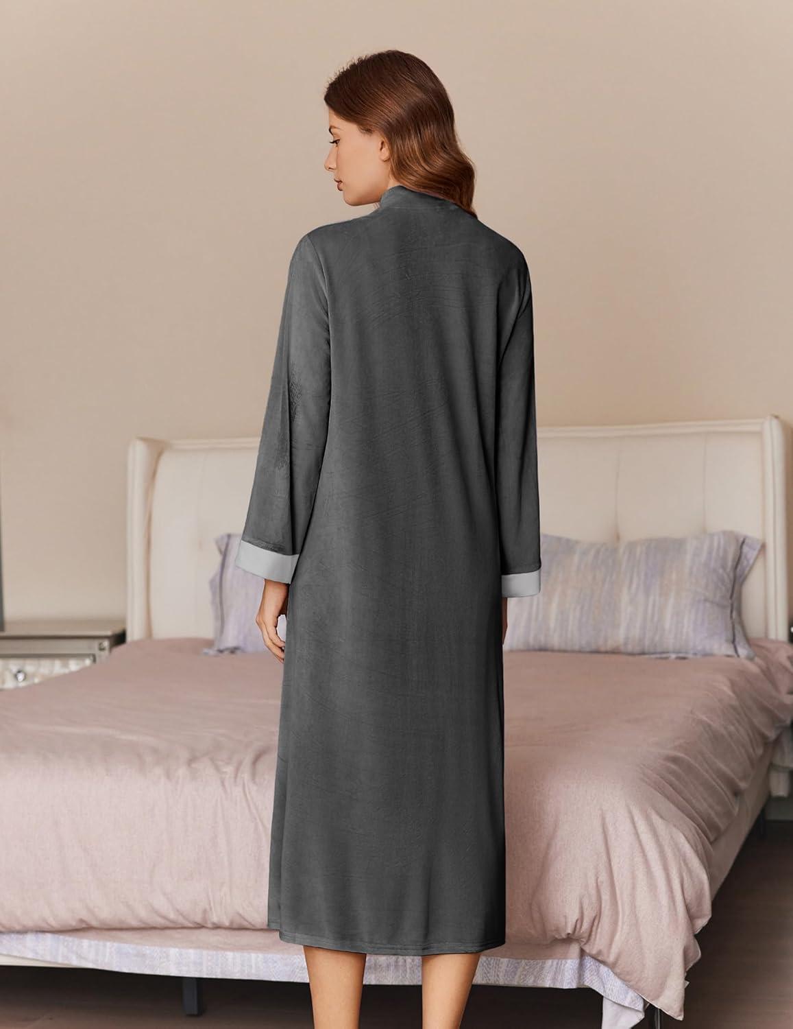 imageEkouaer Women Zipper Robe Long Sleeve House Coats Velour Robes Soft Bathrobe with Pockets Nightgown S3XLDark Grey
