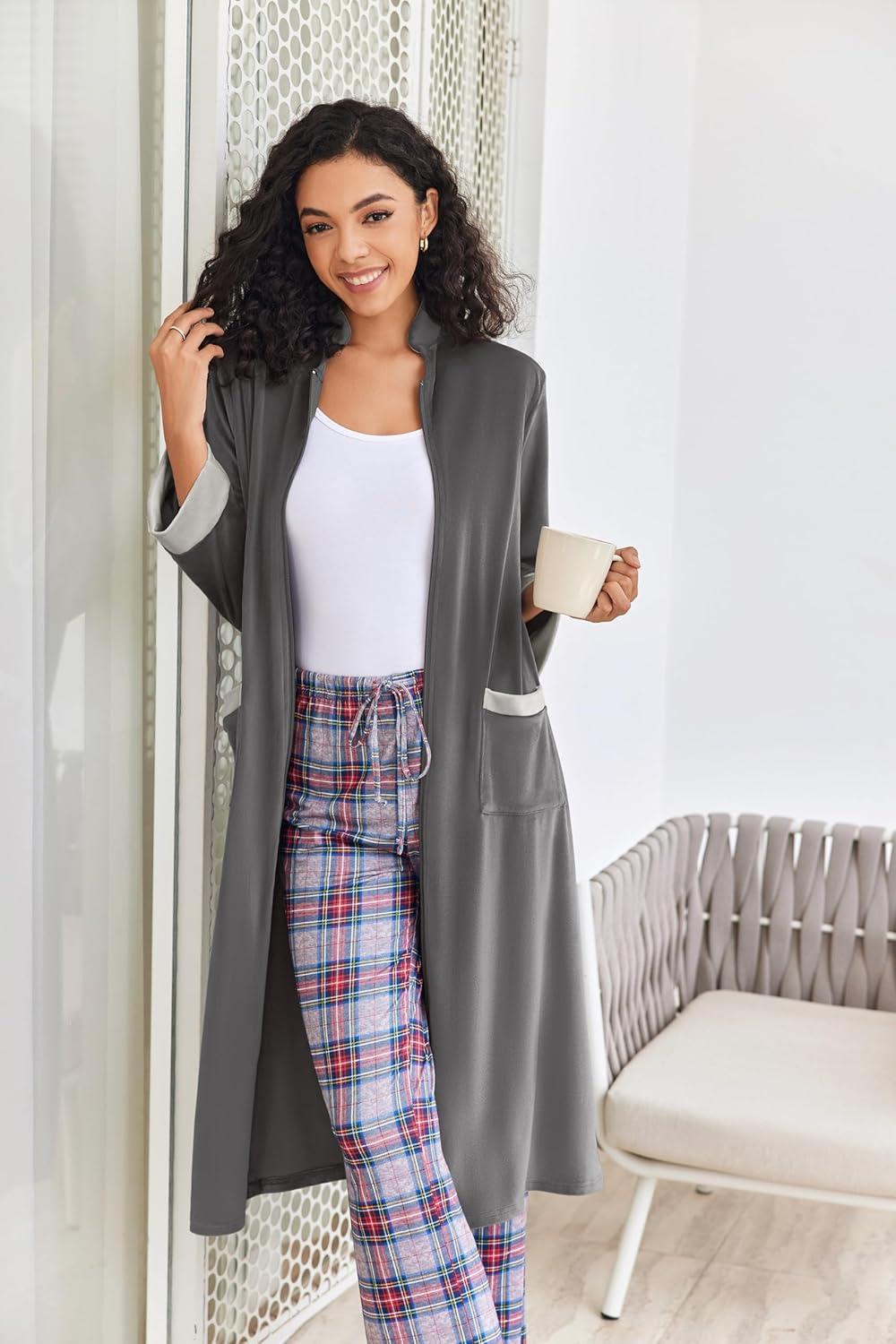 imageEkouaer Women Zipper Robe Long Sleeve House Coats Velour Robes Soft Bathrobe with Pockets Nightgown S3XLDark Grey