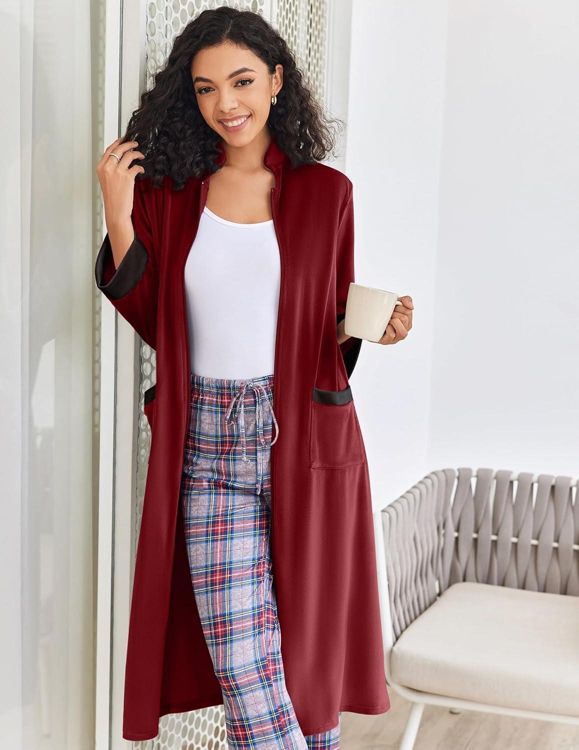 imageEkouaer Women Zipper Robe Long Sleeve House Coats Velour Robes Soft Bathrobe with Pockets Nightgown S3XLRed