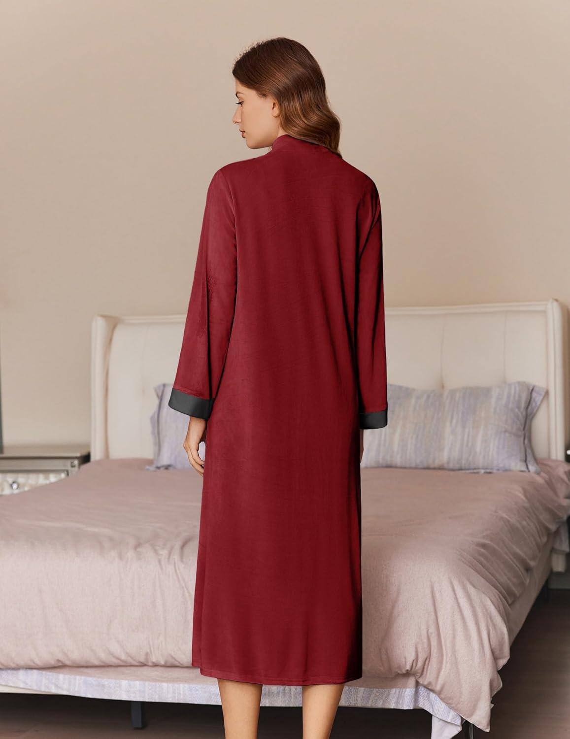 imageEkouaer Women Zipper Robe Long Sleeve House Coats Velour Robes Soft Bathrobe with Pockets Nightgown S3XLRed