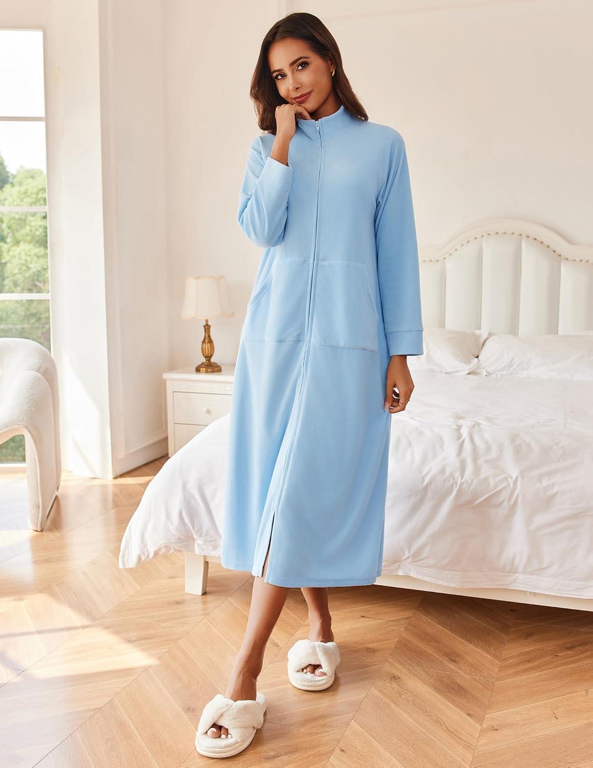 imageEkouaer Women Zipper Robe Long Sleeves House Coat Soft Bathrobe Sleepwear with Pockets Housecoat LoungewearAlight Blue