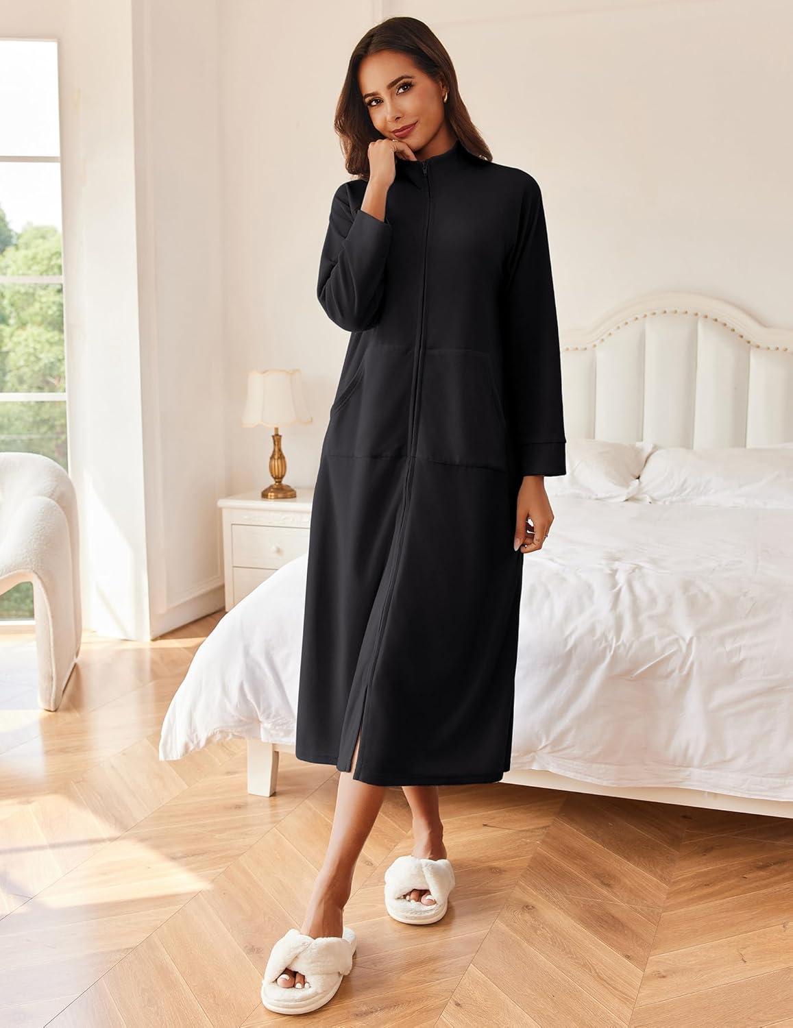 imageEkouaer Women Zipper Robe Long Sleeves House Coat Soft Bathrobe Sleepwear with Pockets Housecoat LoungewearBlack