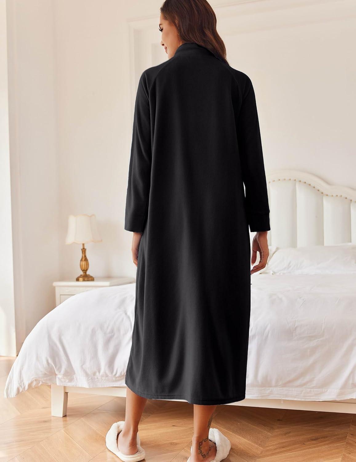 imageEkouaer Women Zipper Robe Long Sleeves House Coat Soft Bathrobe Sleepwear with Pockets Housecoat LoungewearBlack