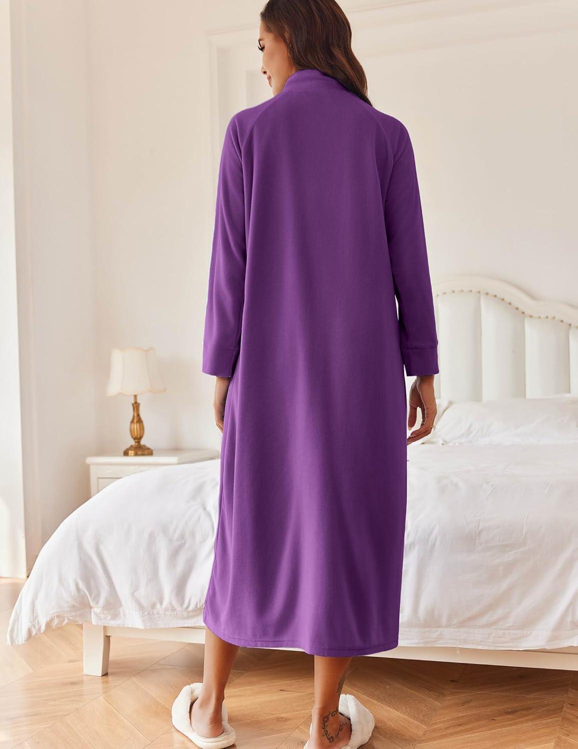imageEkouaer Women Zipper Robe Long Sleeves House Coat Soft Bathrobe Sleepwear with Pockets Housecoat LoungewearBright Purple