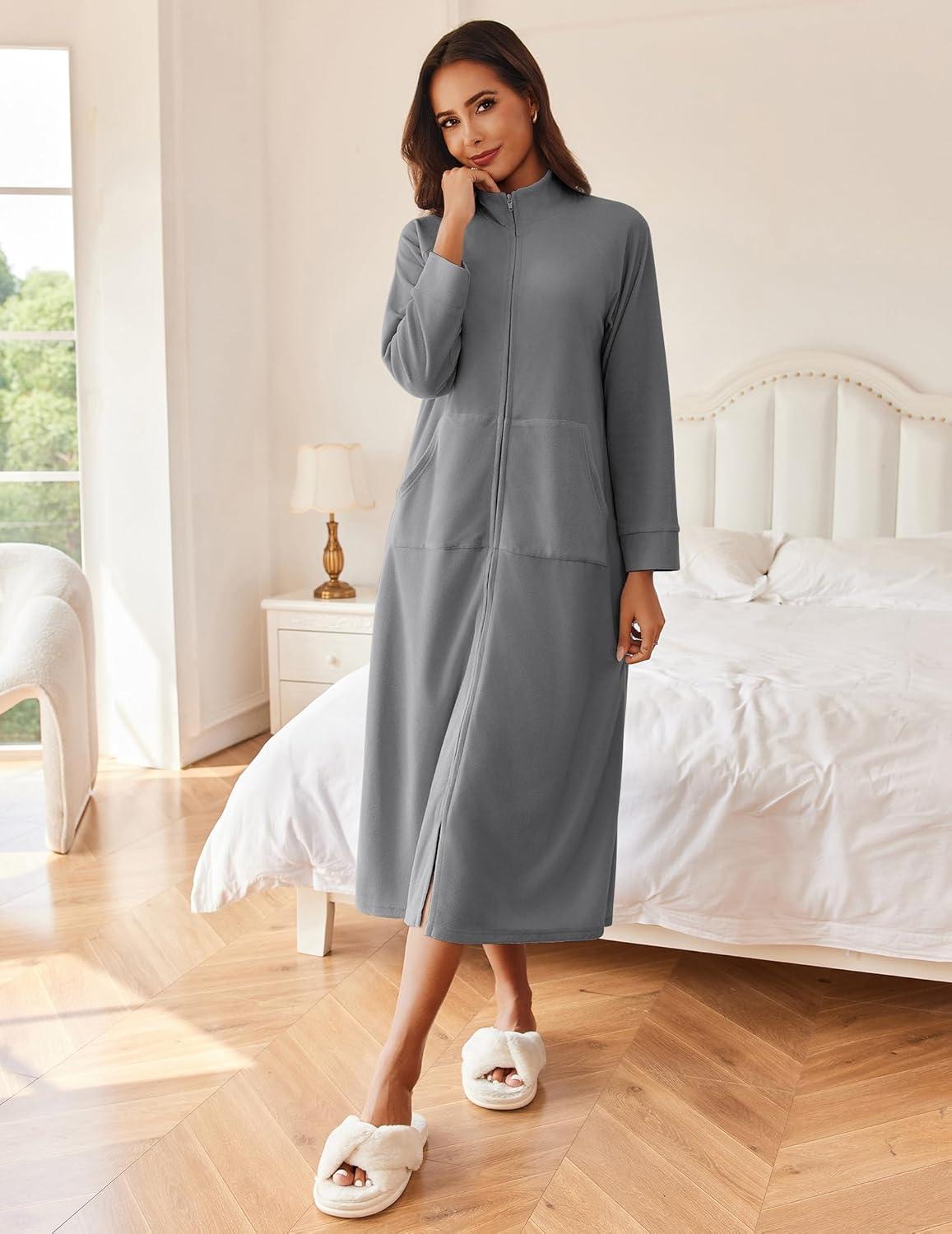 imageEkouaer Women Zipper Robe Long Sleeves House Coat Soft Bathrobe Sleepwear with Pockets Housecoat LoungewearDark Gray